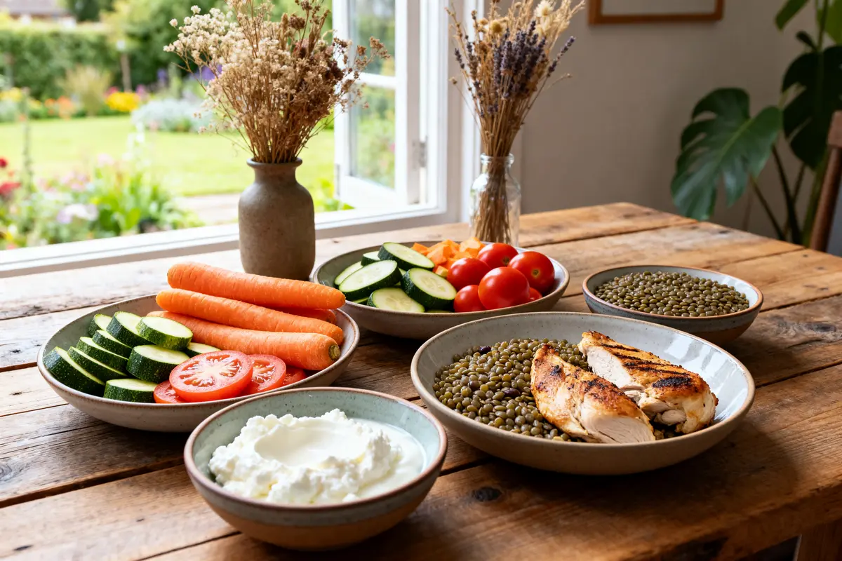 Légumes frais, poulet grillé et lentilles pour programme sèche femme pdf gratuit sain et équilibré