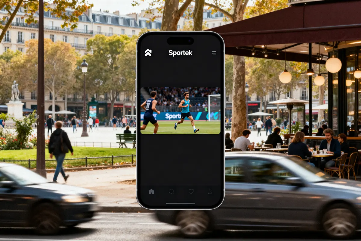 Smartphone avec l'application Sportek en surimpression devant une scène urbaine animée