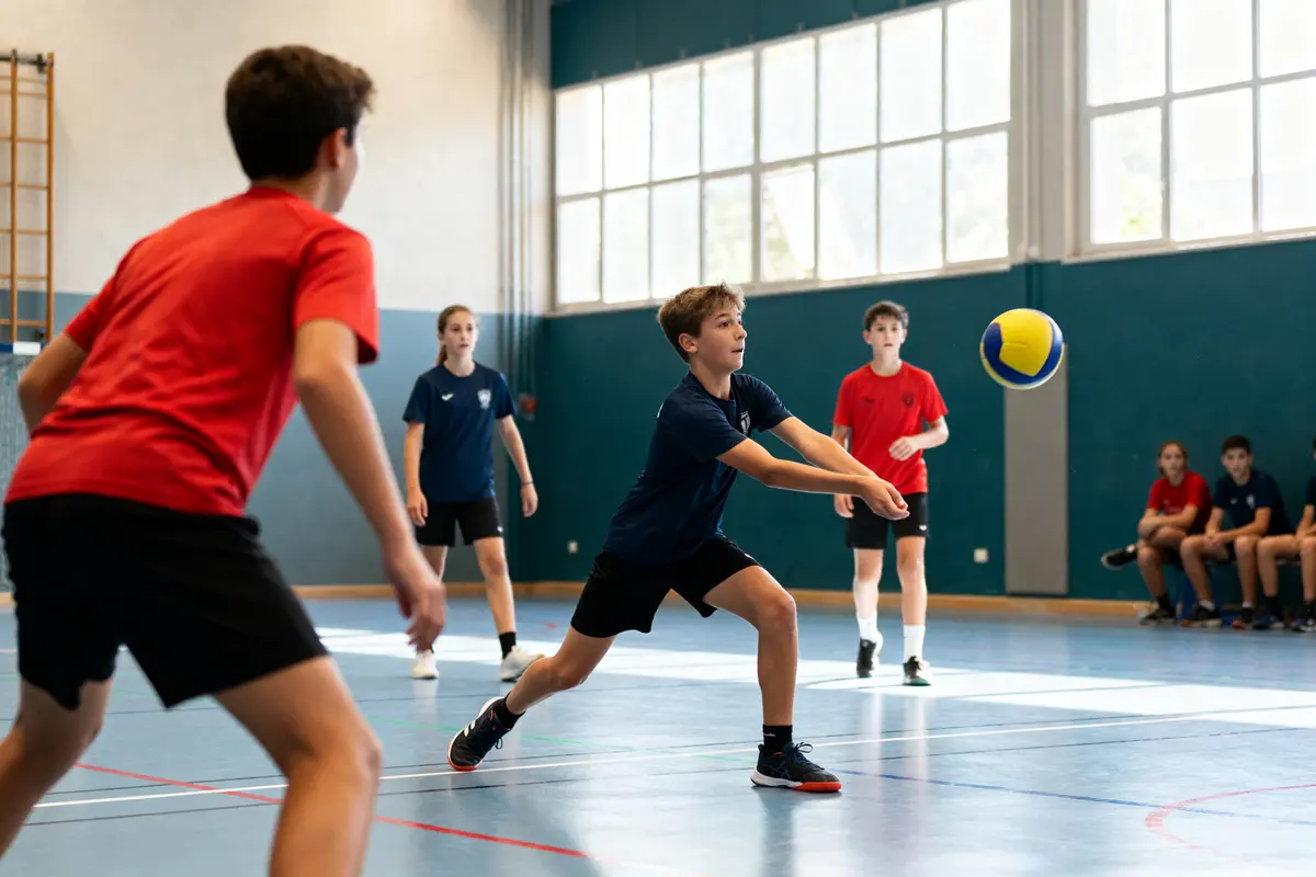 Jeunes joueurs pratiquant le tchoukball sport en salle, équipe en action avec le ballon