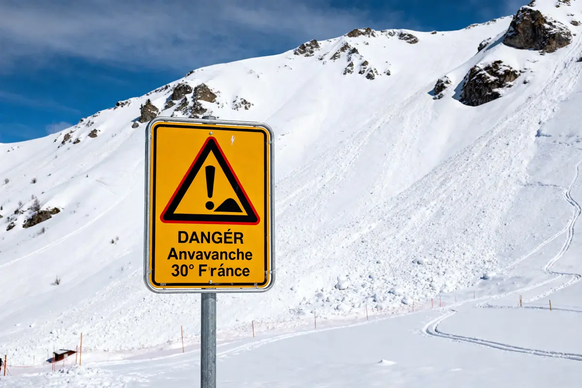 Panneau de danger avalanche en montagne avec alerta de avalancha moderada en France
