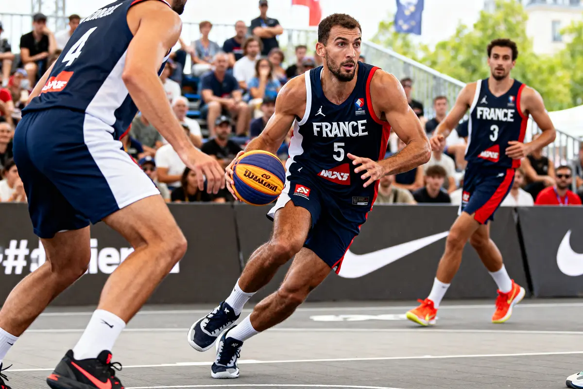 Joueurs de basket français en action sur le terrain durant un match bebasket urbain