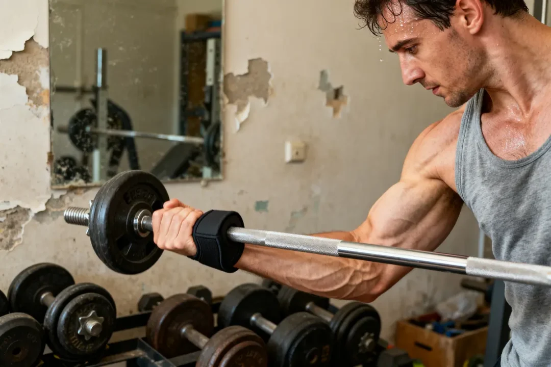 Homme soulevant une barre EZ pour un curl biceps intense devant un miroir