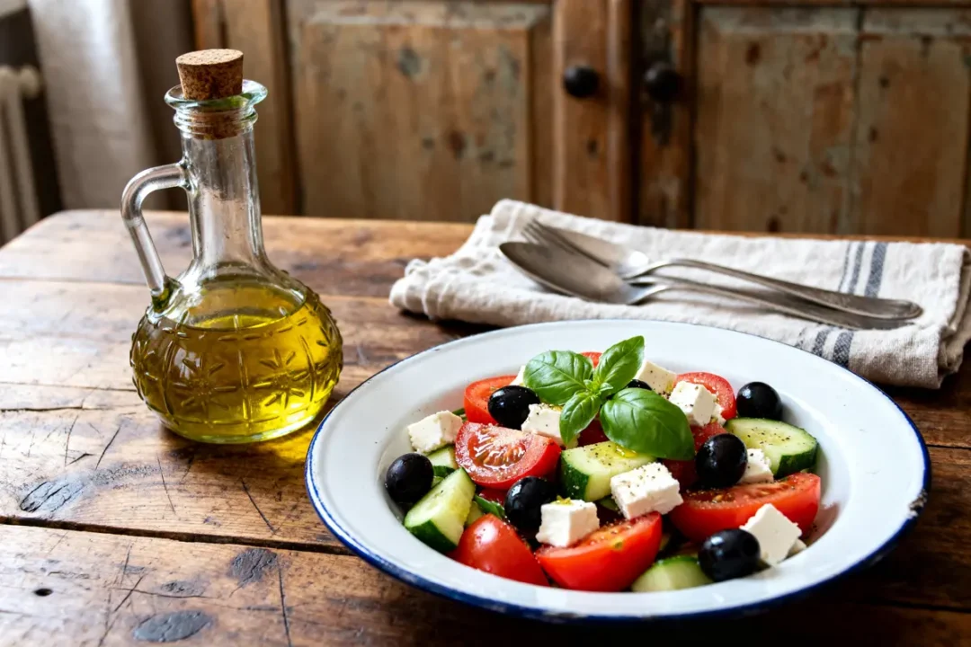 Salade grecque avec huile d'olive et régime sain sur table en bois rustique