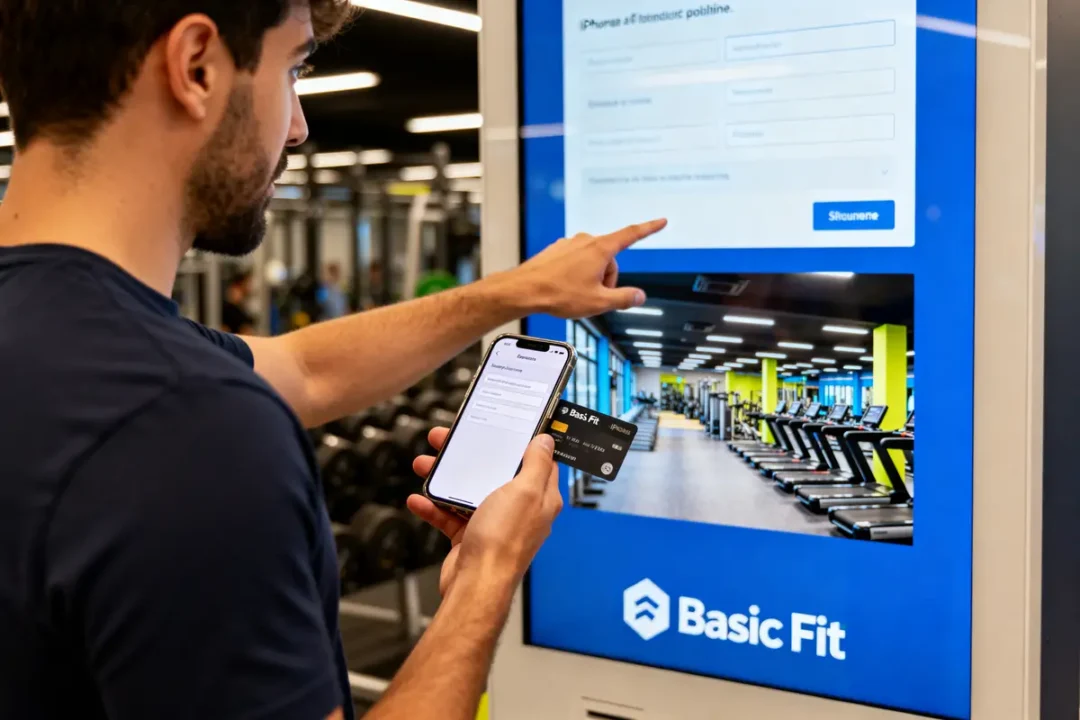 Homme réalisant une inscription Basic Fit sur écran tactile en salle de sport moderne