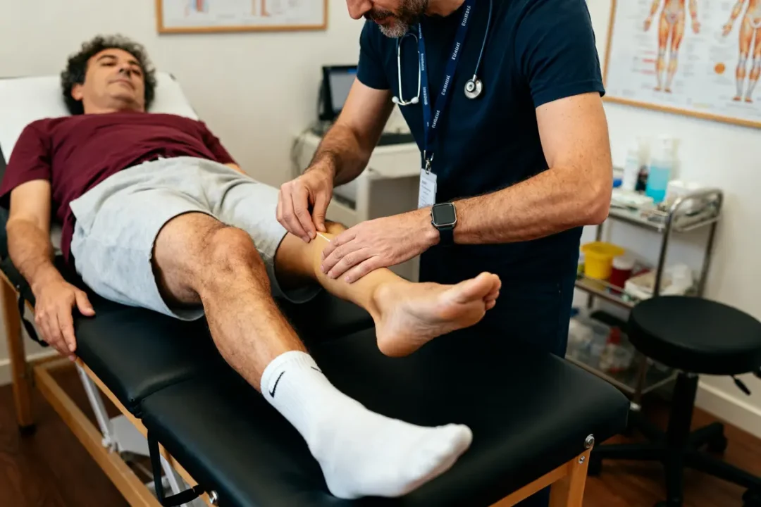 Praticien examine la jambe d'un patient allongé, kinésiologie danger santé potentiels.