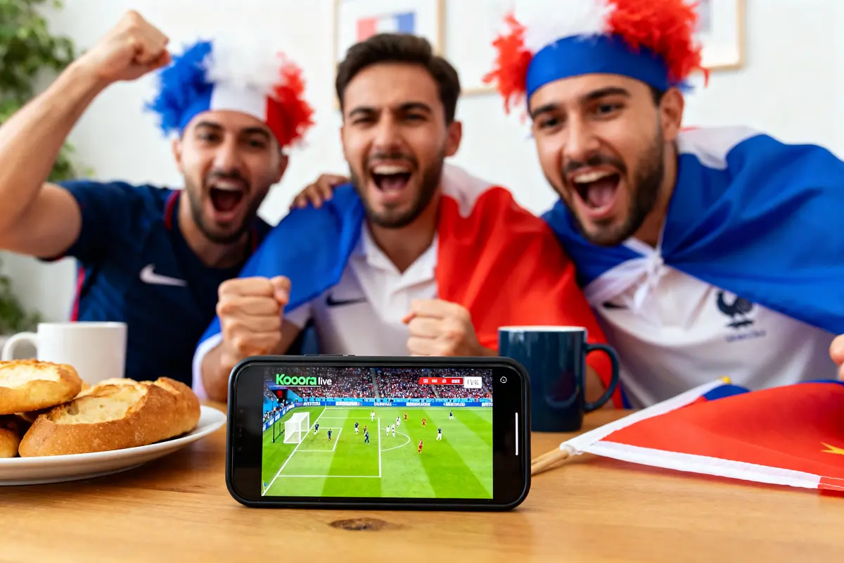 Supporters français enthousiastes regardant un match de football en streaming sur Kooora live