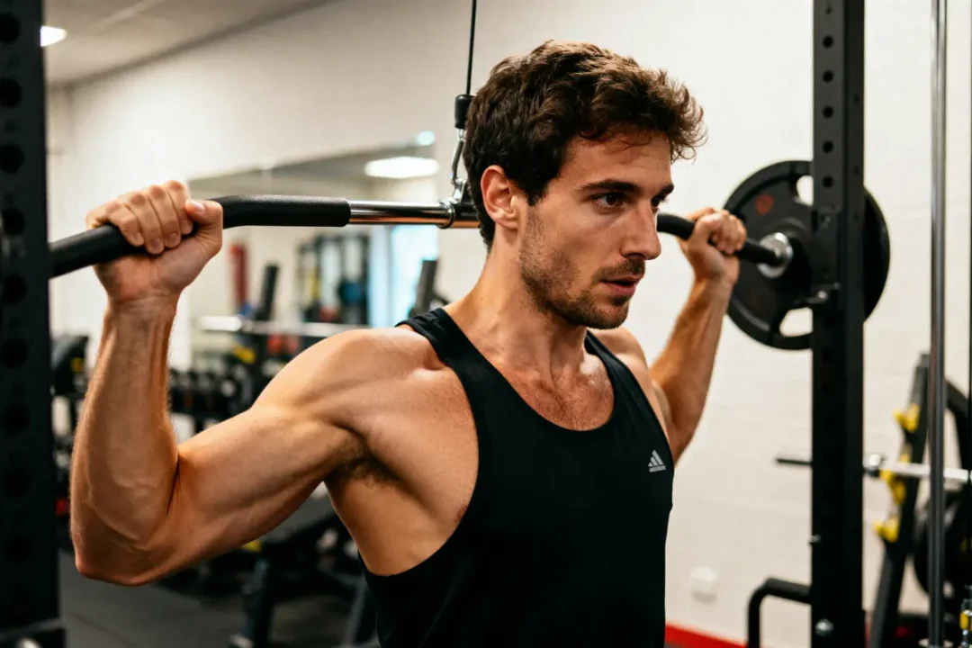 Homme faisant un latissimus pull avec une barre en salle de sport