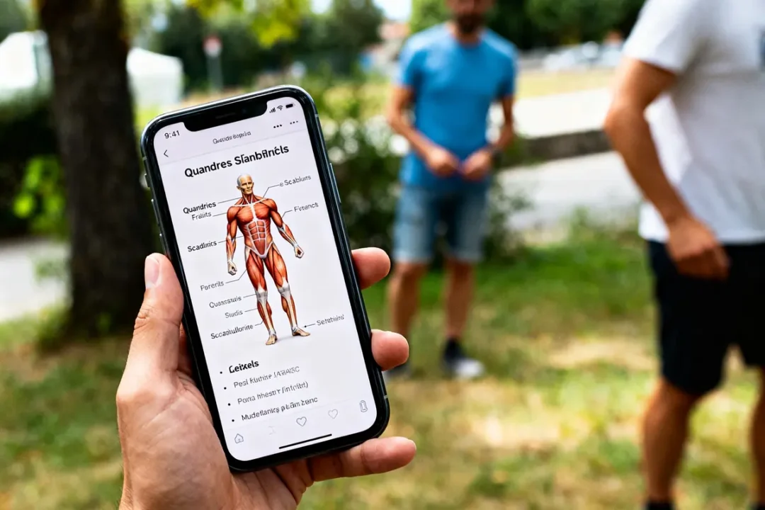 Personne tenant un smartphone montrant la liste muscle eln voces en plein air