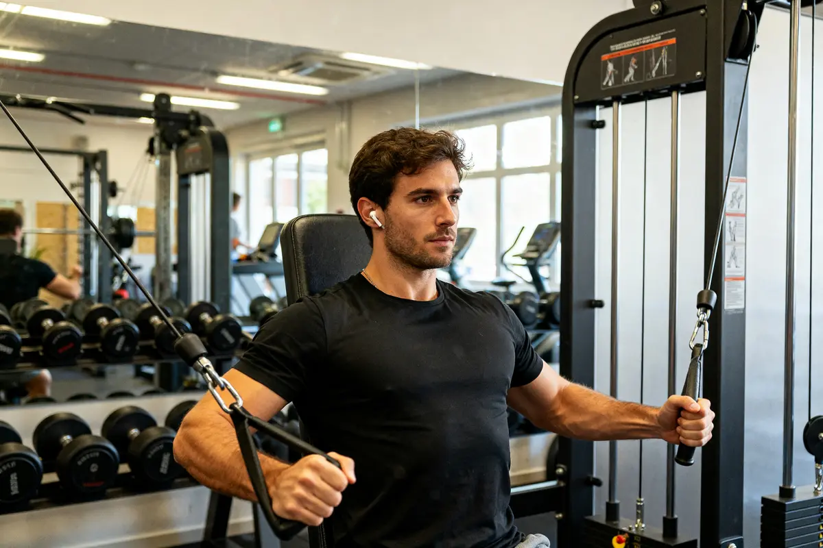 Homme s'entraînant aux pectoraux poulie dans une salle de sport avec détermination