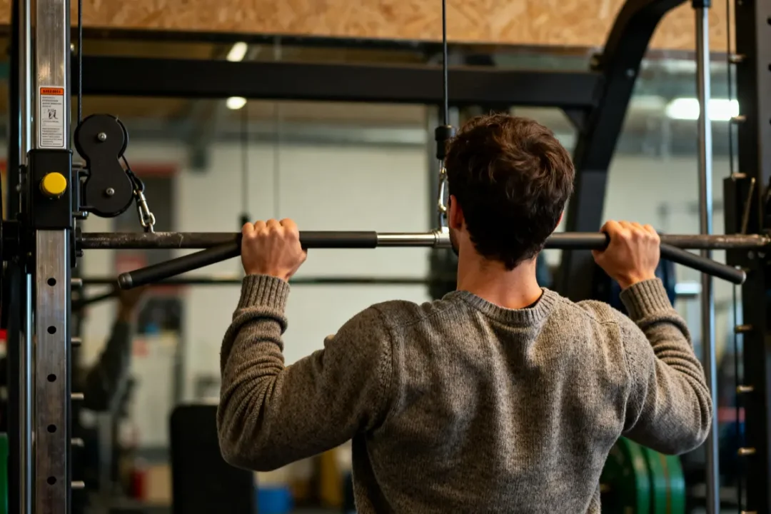 Homme faisant du pull-over poulie dans un gymnase portant un pull gris