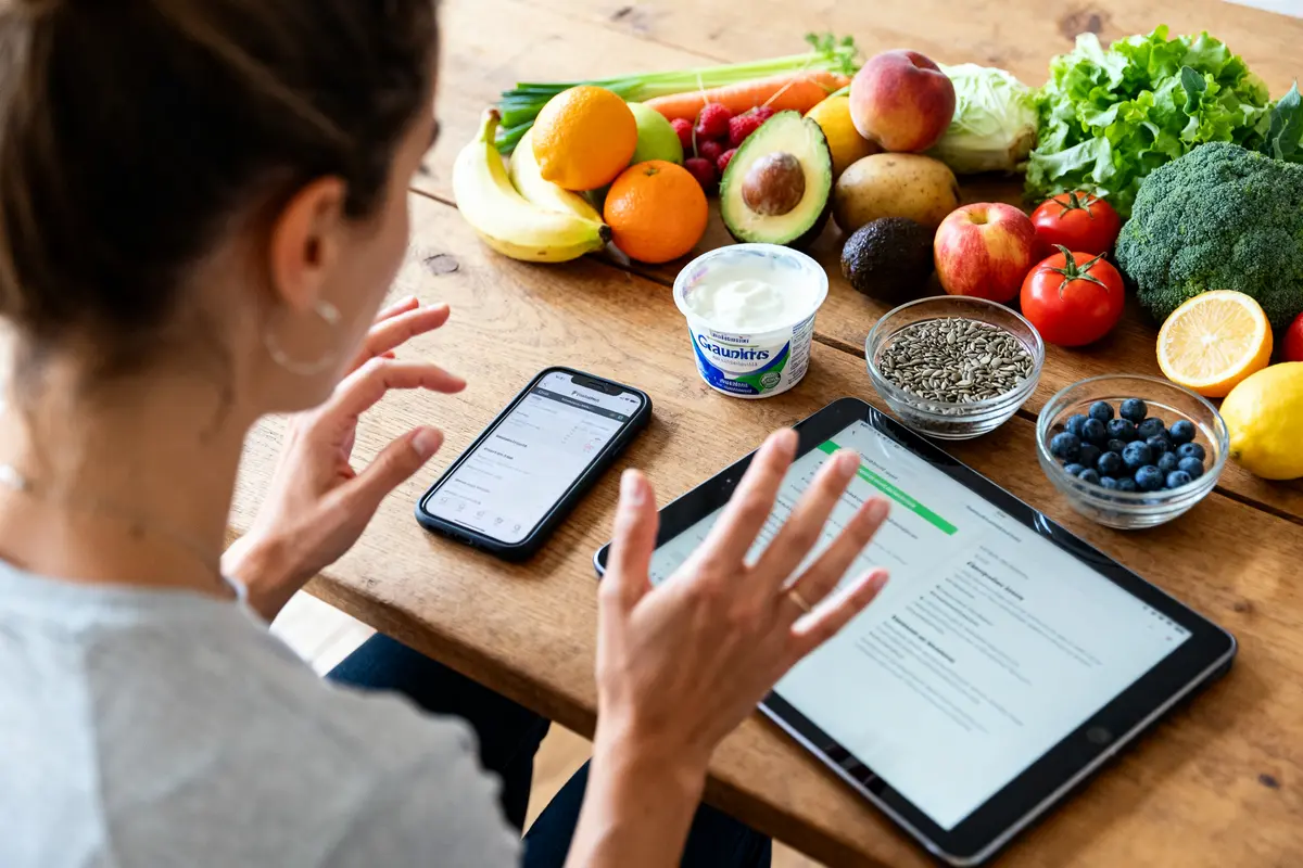 Femme consultant site savoir maigrir sur tablette, fruits et légumes sur la table
