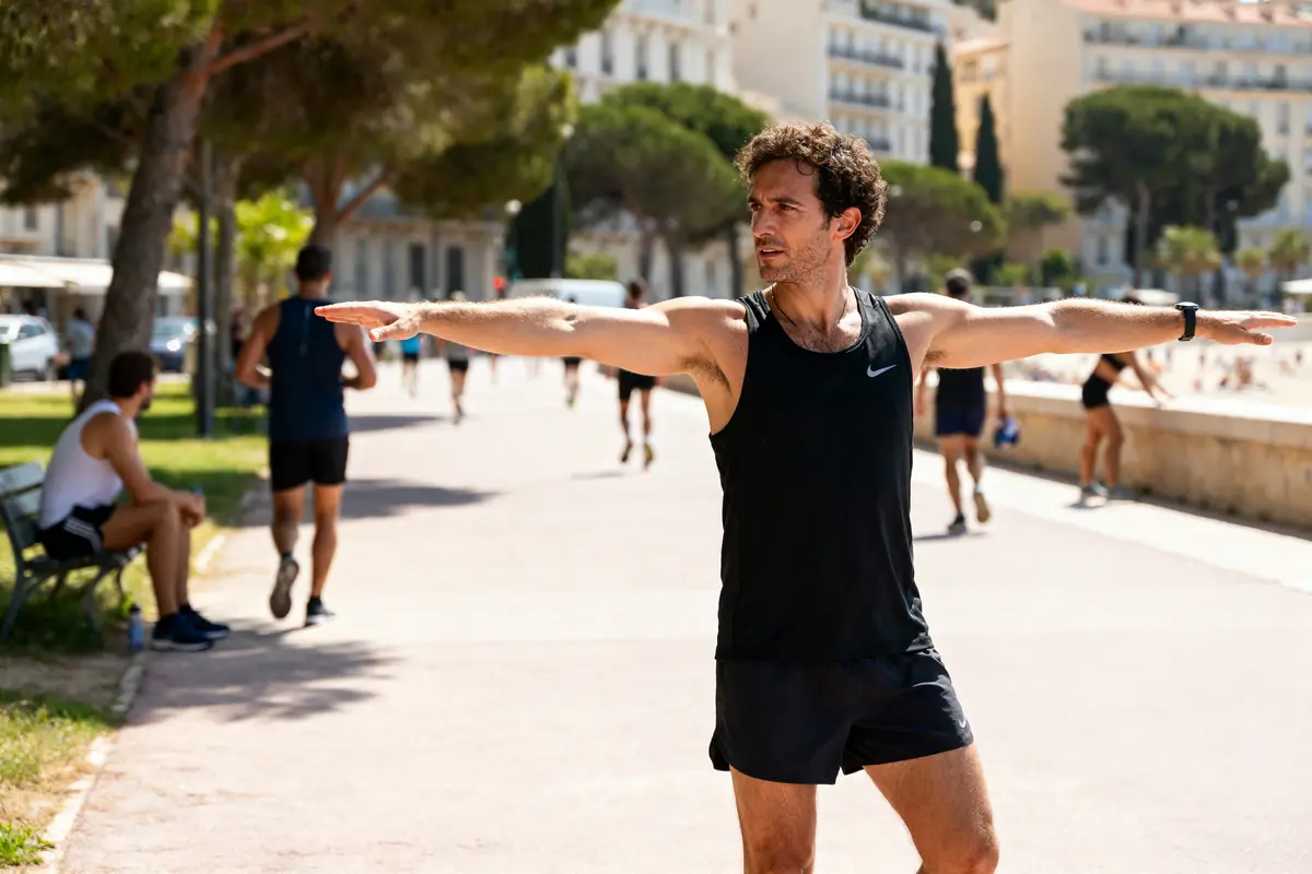 Homme s'étirant lors d'un sportrip sur une promenade ensoleillée près de la plage