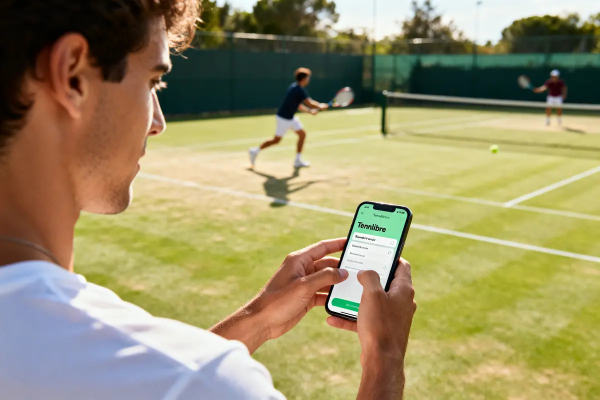 Joueur de tennis utilisant l'application tennislibre sur son smartphone en regardant un match amical