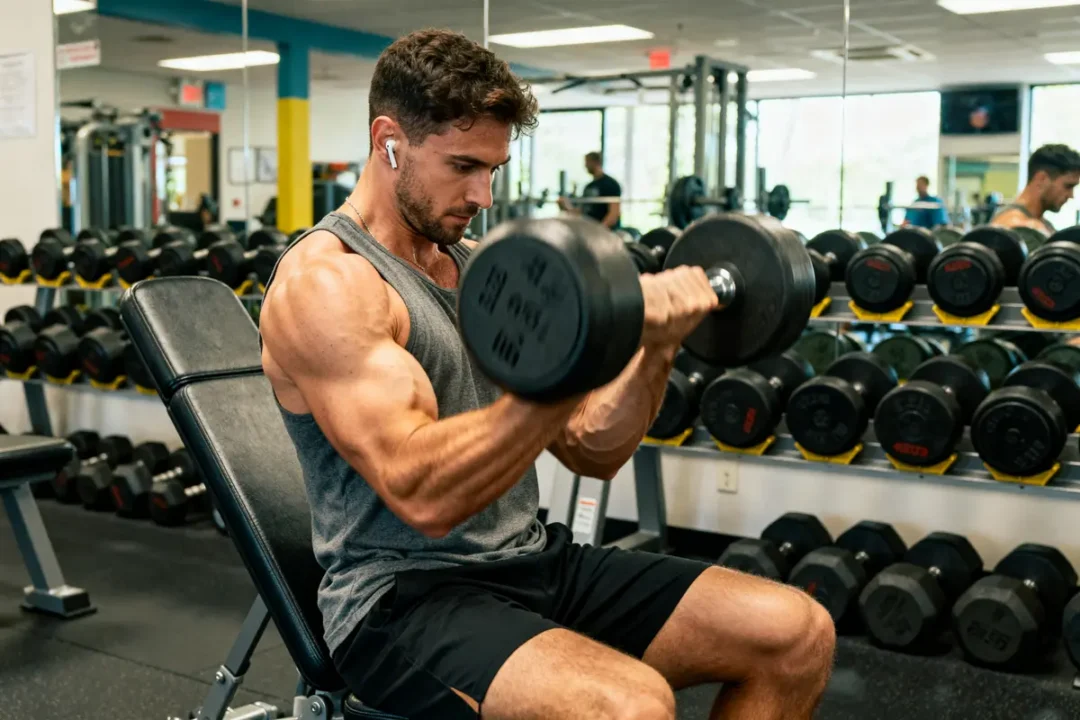 Un homme musclé soulève des haltères en salle de gym, montrant potentiellement l'effet trenbolone