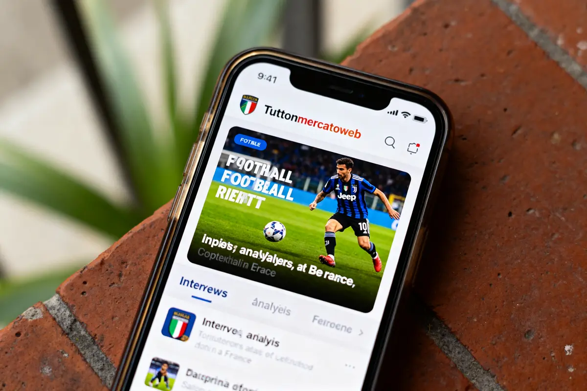 Smartphone affichant TuttoMercatoWeb avec un joueur de football en action sur l'écran