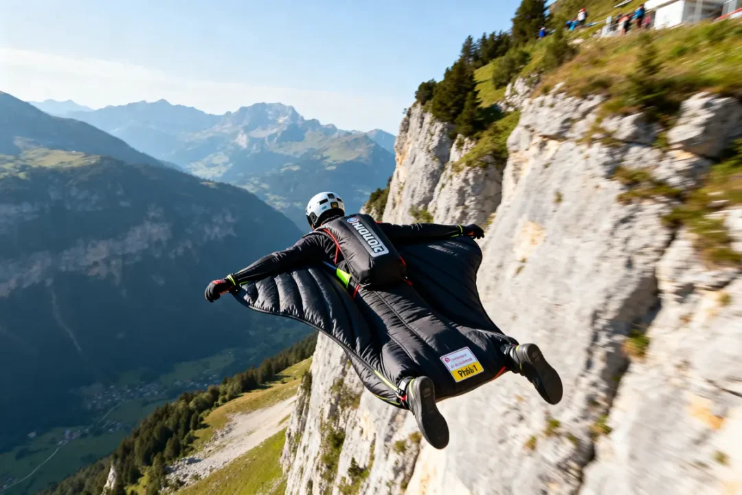 Homme en wingsuit volant à grande vitesse près d'une falaise montagneuse majestueuse