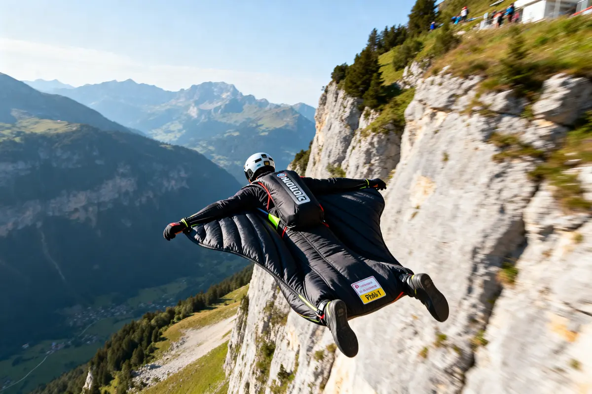 Homme en wingsuit volant à grande vitesse près d'une falaise montagneuse majestueuse