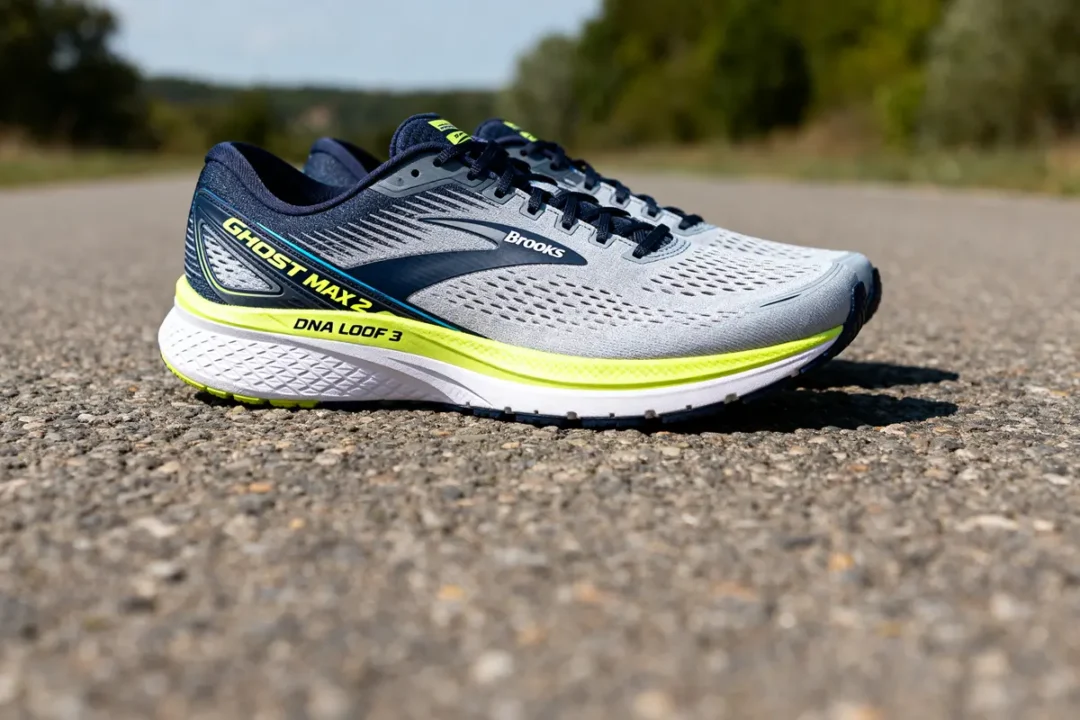 Chaussure Brooks Ghost Max 2 sur route, semelle DNA LOFT 3, design moderne.