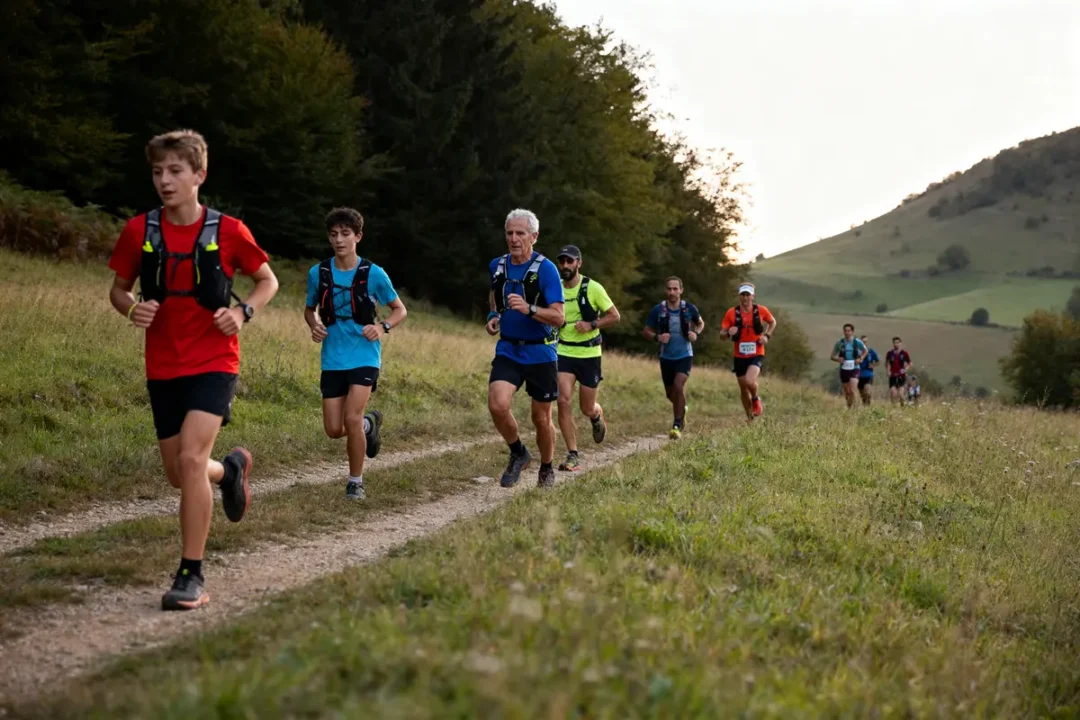 Groupe de coureurs sur sentier, pratique en catégorie trail nature, campagne verdoyante