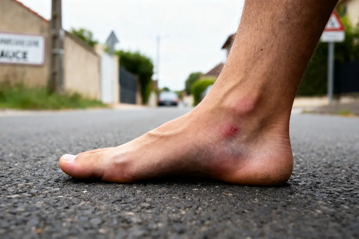 Gros plan d'une cheville blessée sur une route, illustrant les chevilles foulées.