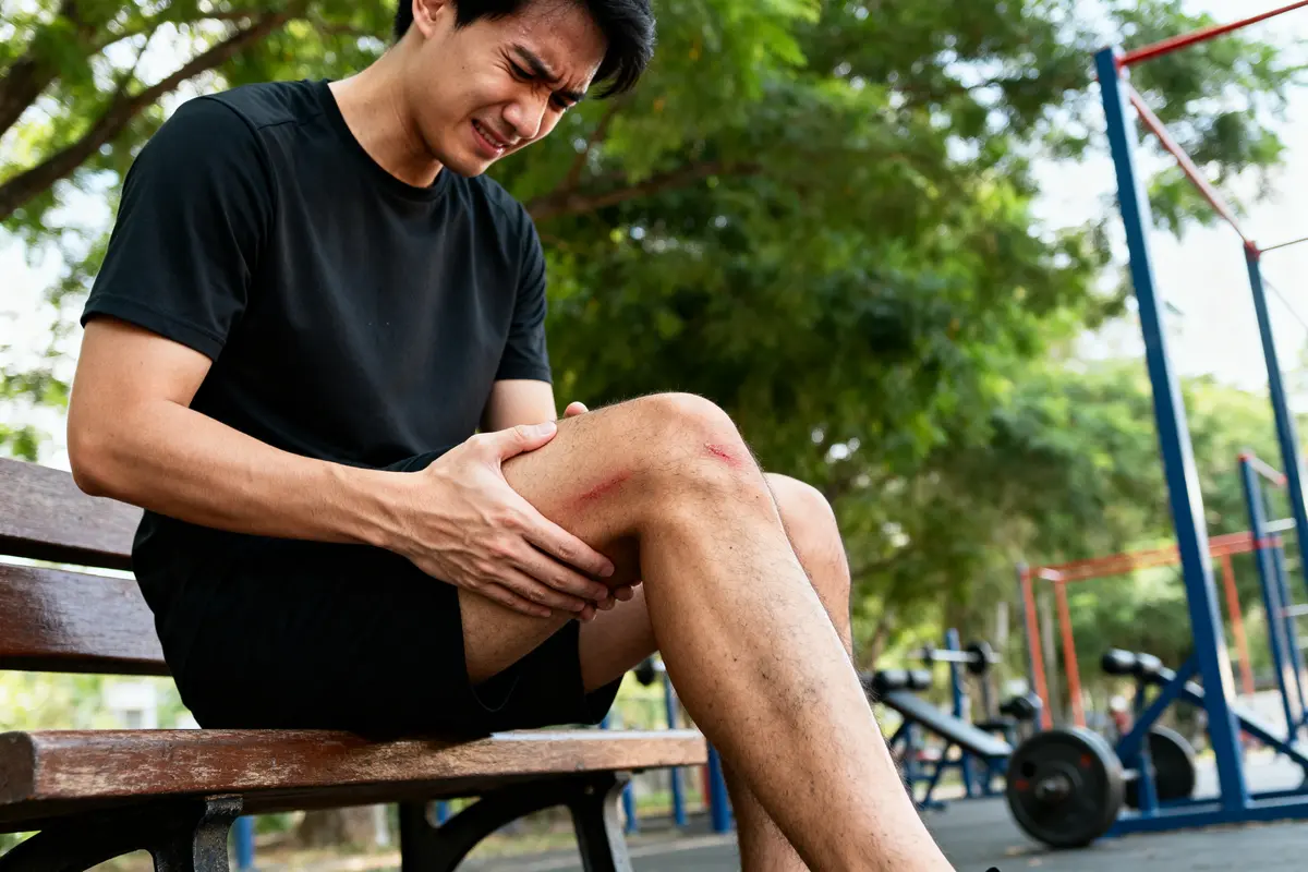 Homme souffrant de douleurs musculaires retardées, assis sur un banc dans un parc sportif