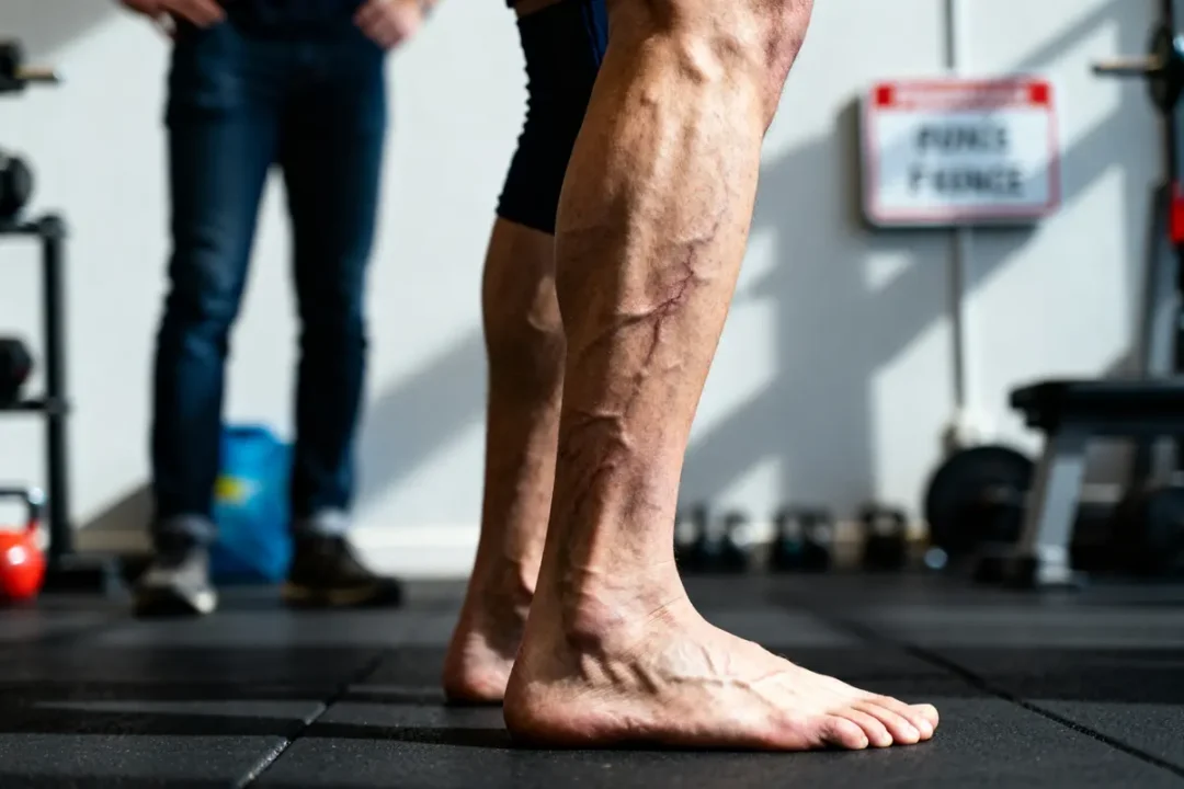 Jambes musclées sur tapis de gym illustrant la fatigue dans les jambes après l'entraînement