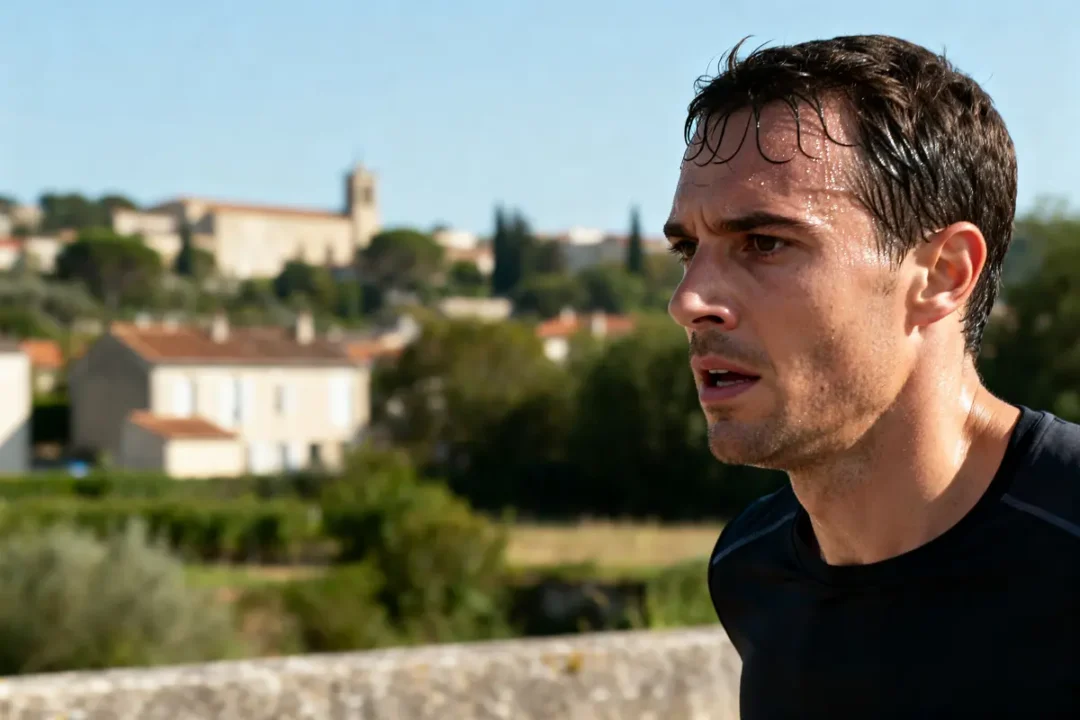 Homme transpirant en plein effort physique, atteignant sa fréquence cardiaque maximum
