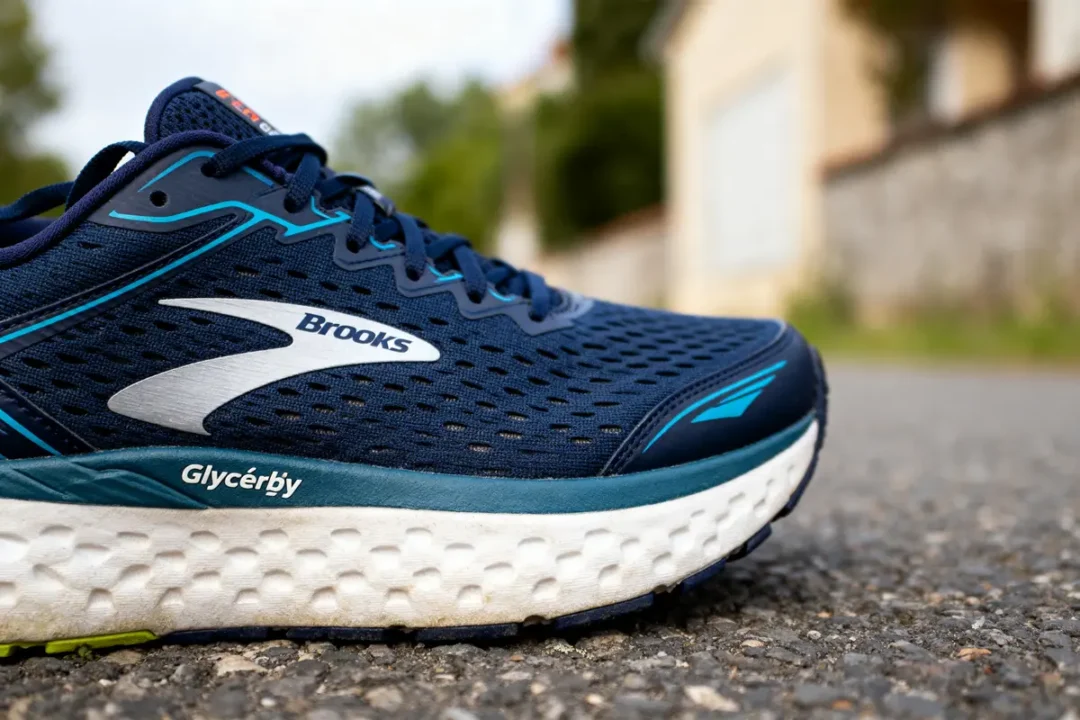 Chaussure de course bleu Brooks sur route, modèle avec technologie glycérine max intégrée