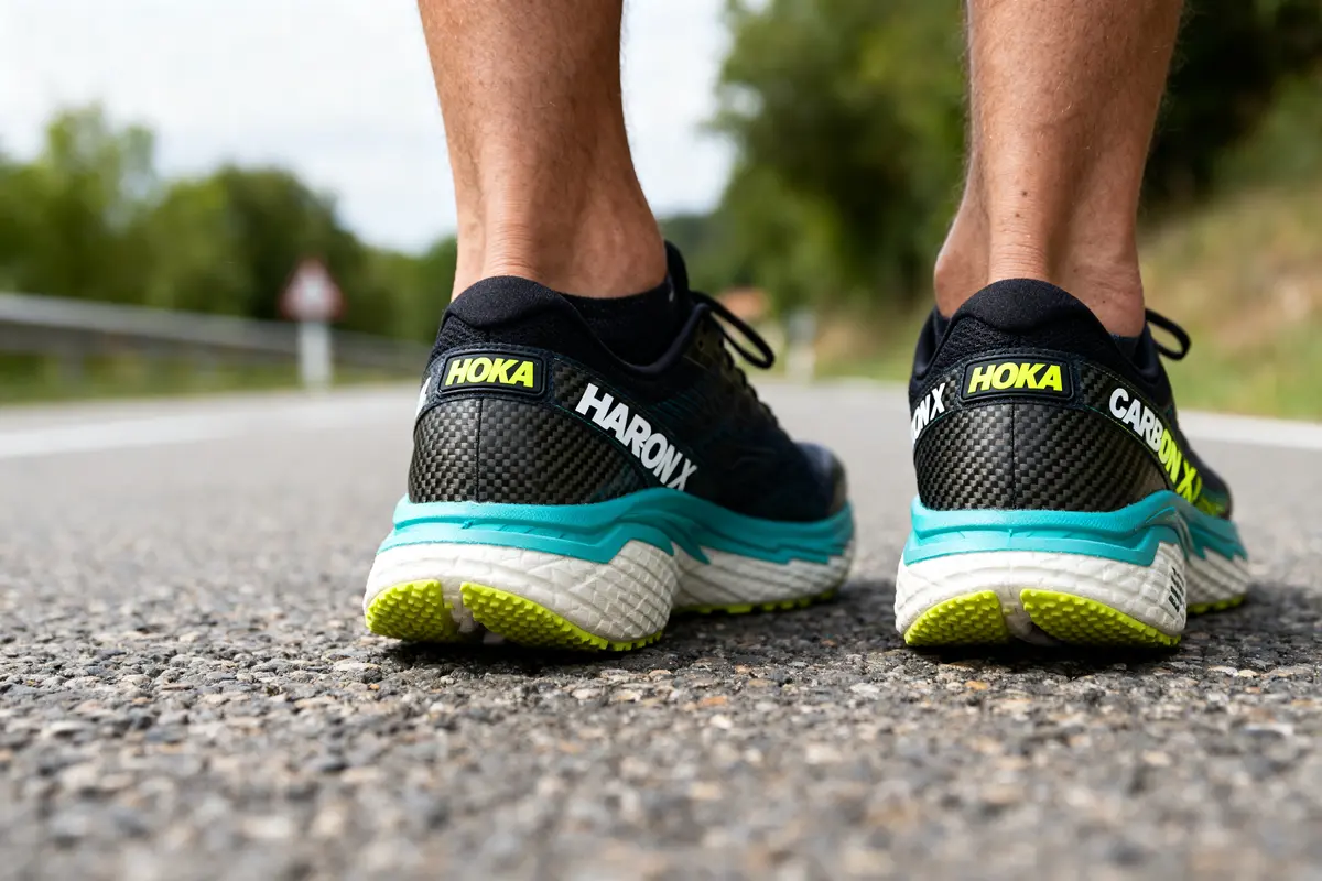Vue arriĂšre de chaussures Hoka Carbon X sur route en plein air