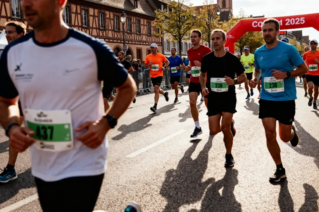 Des coureurs participent au marathon de Colmar 2025 sous un ciel ensoleillé.