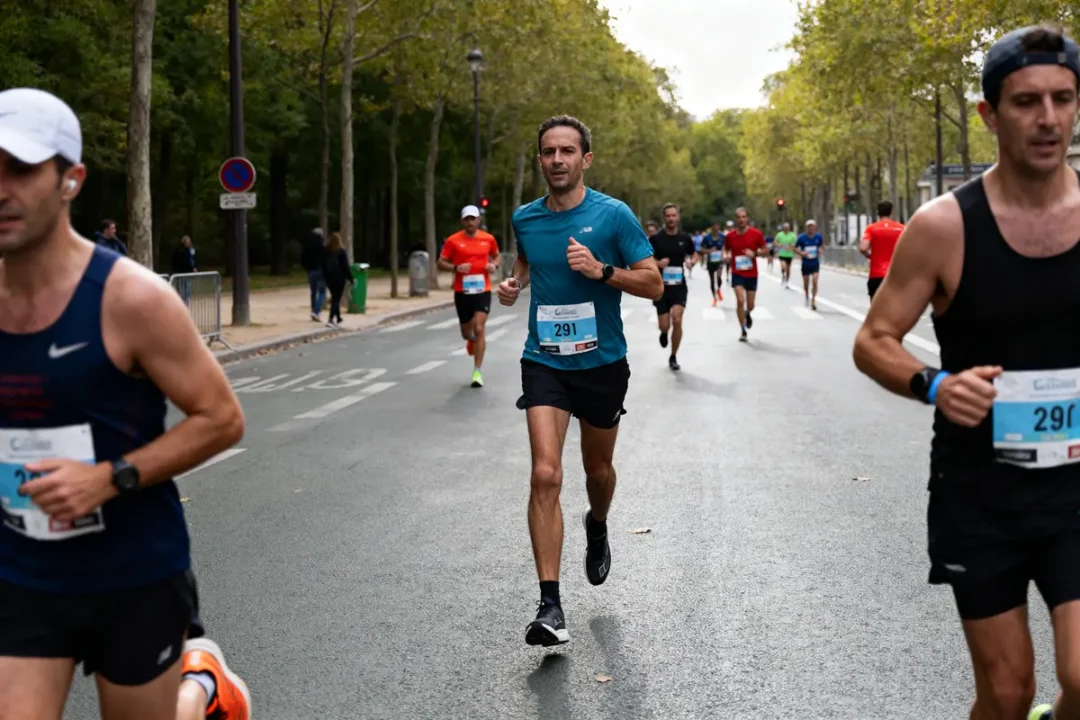 Coureurs sur route arborée pendant le marathon de Paris avec dénivelé modéré.