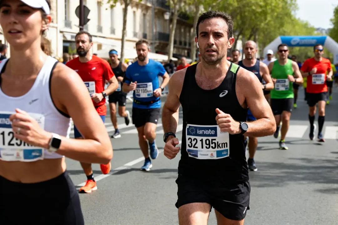 Participants courant un marathon de 42,195 kilomètres dans une rue bordée d'arbres