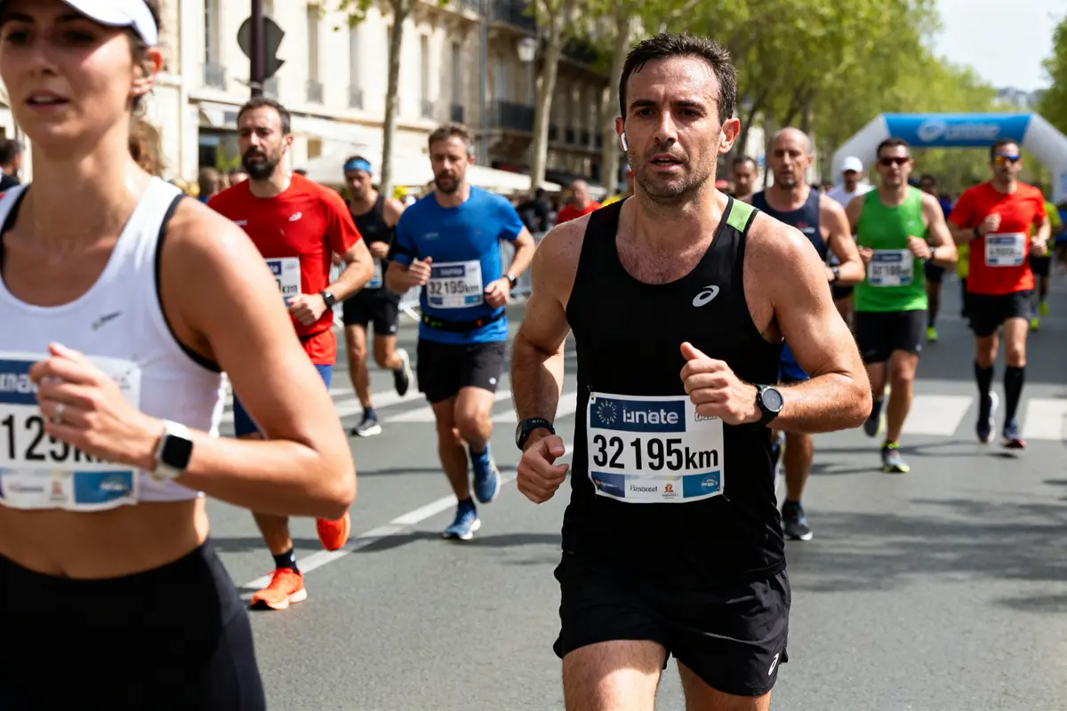 Participants courant un marathon de 42,195 kilomÚtres dans une rue bordée d'arbres