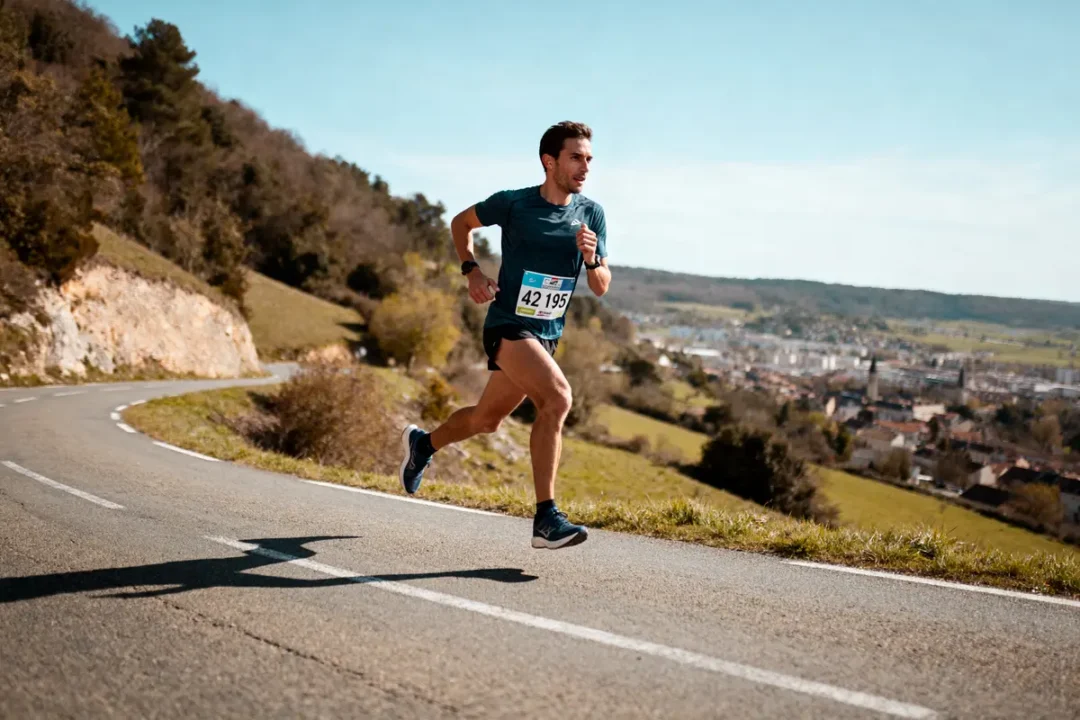 Coureur participant à une course de marathon sur route sinueuse avec vue panoramique