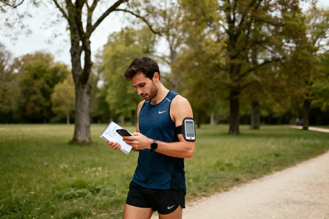 Joggeur consultant son smartphone pour suivre un plan d'entraînement pour 10 km en parc