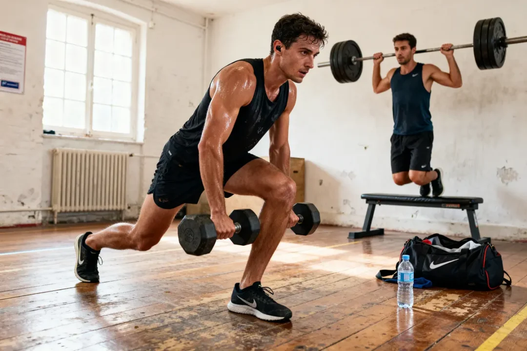 Deux hommes réalisant des exercices de renforcement musculaire pour la course à pied en salle.