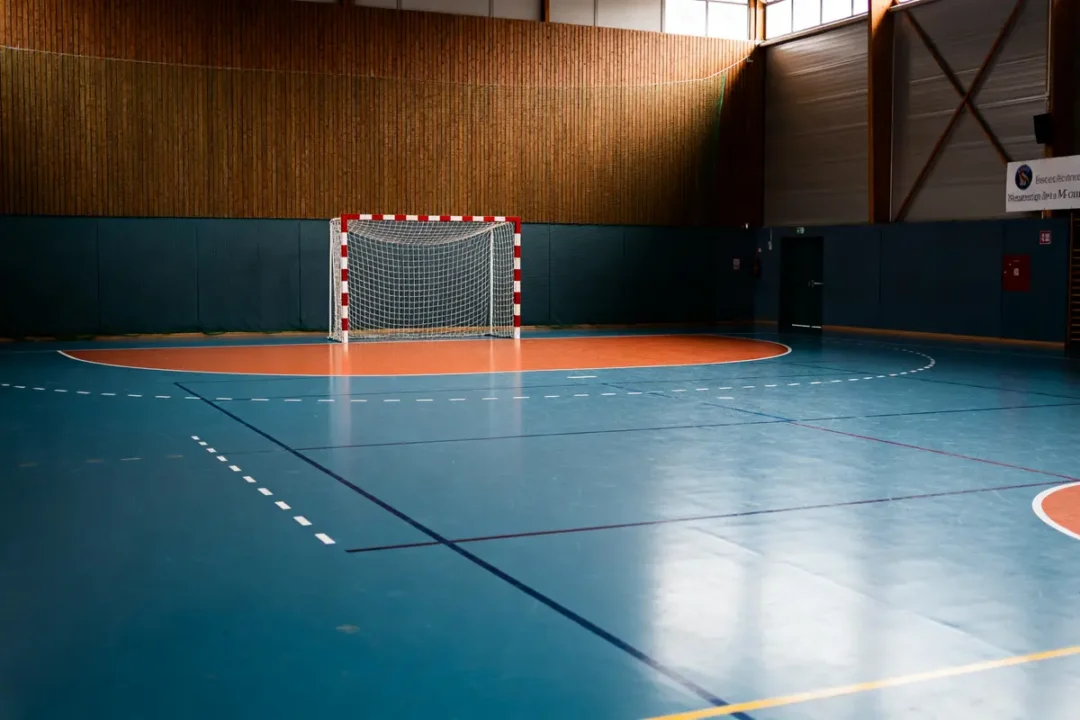 Terrain de handball intérieur avec but, illustrant les dimensions du terrain de handball.