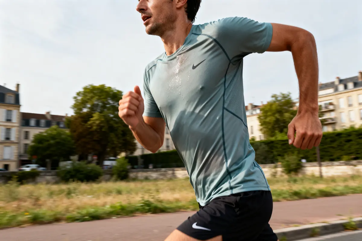 Homme courant en extĂ©rieur portant un vĂȘtement de running adaptĂ© aux conditions estivales